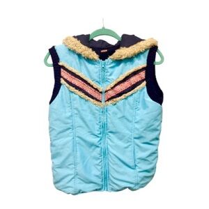 Free People Ski Vest Small Blue Puffer Sherpa Hood Boho  Ribbon Chevron, Rare!